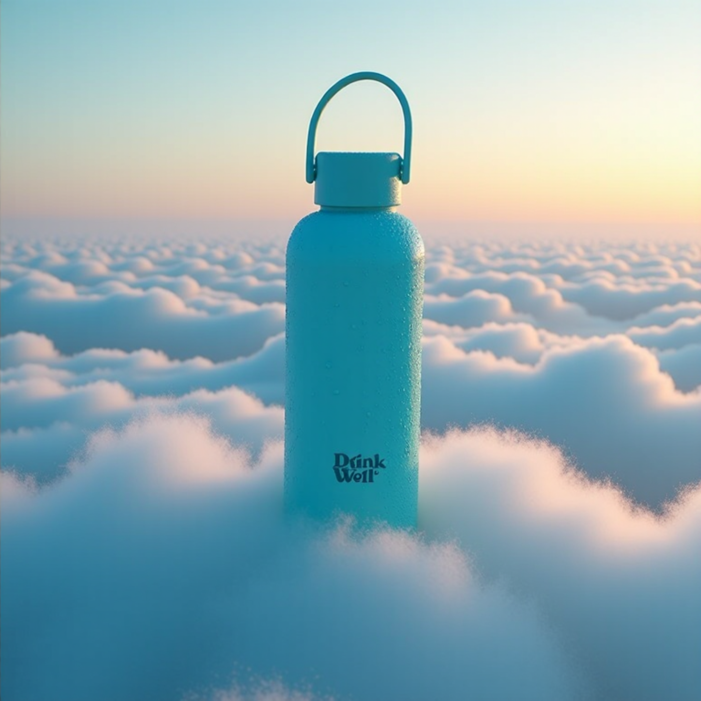 Bouteille intelligente DrinkWell® flottant au-dessus des nuages, illustrant la citation inspirante sur l’équilibre de Jana Kingsford.